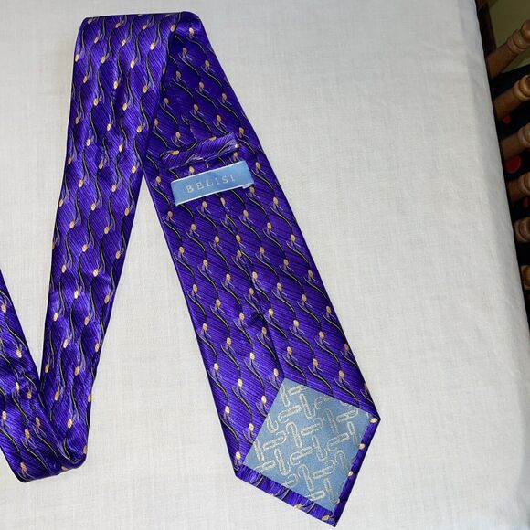 Belisi Men’s Dress Tie Size 57” Purple Wave Pattern Silk Business Formal Party - Picture 10 of 12
